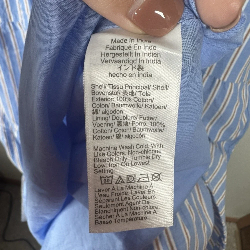 J Crew Ruffle-Sleeve Tiered Midi Dress Size 12 Blue Beige Striped Cotton Pockets - Picture 8 of 9